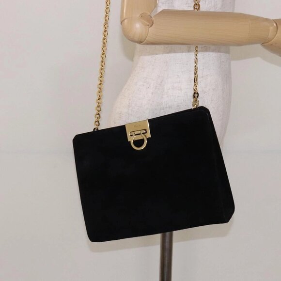 Salvatore Ferragamo Gancini Chain Shoulder Bag Suede Black Gold Auth BA5012 - Picture 1 of 15